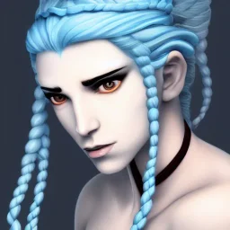 Female Air Genasi Monk with pale blue skin, braided white hair, grey eyes, and serene facial expression.