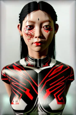 Photo Studio portrait, Asian woman samurai, yakuza body tattoos, symmetry photography, cyberpunk, latex dress, japanese traditional ornaments, red, white, black, led wires, glow eyes, cinematic, Ultra realistic, dark scene, wide angle view, soft color, highly detailed, unreal engine 5, RTX, ultra detail, 3d, finely drawn, high definition.