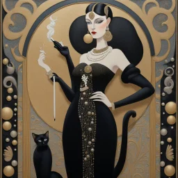 Mixed media, a tall beautiful woman with the head of a Siamese cat, wearing a black dress with pearls and long black gloves, she is holding a cigarette in a cigarette holder, background in the style of art deco Klimt, George Barbier, 3d, Bas relief, encaustic, gold leaf accents.