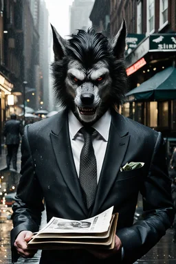 Werewolf in a suit walking the streets of Soho in the rain. He's holding a resraurant menu in his hand, and his hair is perfect. There is a Chinese restaurant in the background. Photograph.