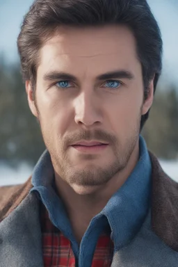 Blue eyes, close-up facial portrait - a Bright, well-lit UHD, 1080p 32k, photograph - winter time, hunting season, part Jesus Christ, part Elvis Presley with a mustache and short crew-cut hair, part Lee Majors, Part red and black checkered wool coat, blue jeans, cowboy boots, plaid shirt, sunbursts, crosses, 3D lighting, diamonds, hearts, Butterflies, Clovers, Roses, extremely colorful,