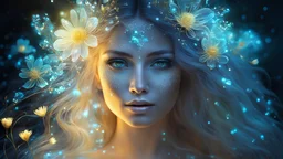 The photo is done in a bioluminescent and bioluminescent art style depicting a divine woman, Bioluminescent dewy translucent glowing skin, ethereal glowing eyes, long neck, perfect face in ultra-realistic details, flowing hair, double exposure, flower, The composition imitates a cinematic film with dazzling, gold and silver lighting effects. Intricate details, sharp focus, crystal clear skin create high detail. 3d, 64k, high resolution, high detail, computer graphics, hyperrealism, f/16, 1/300 s