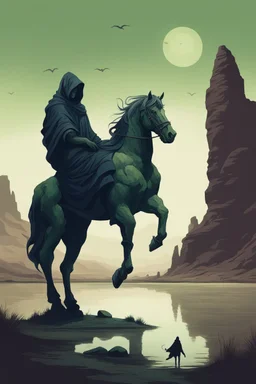 Draw me a lake with a mossy big stones in the desert in the distance background a giant statue on a horse of a hooded shadow of a scary creature Busch painting style