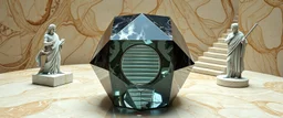 perfect geometry, niad, greek gods and heroes, the chariot, the fool and the tower tarot card disaster rendered in magnificient 4d glossy marble stones reflective and wet, like mirrors, winding stairs, watchers, statues of perfect transparent dented glass octahedron dice spaceship with oval interference door