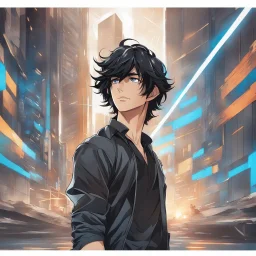 (masterpiece), (anime style), award winning, close up, centered, Instagram able, looking toward camera, dynamic pose, messy black hair, young man, blue eyes, modern intricate background, dynamic lighting, depth of field, ultra detailed, (epic composition, epic proportion), 2D illustration, professional work, black clothes