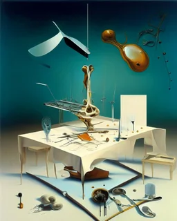 human body, universe-like table,complex surgical instruments mixed with human body-like musical instruments,minimalism,Painting By Adrian Ghenie, Rene Magritte, Salvador Dali, Lucian Freud