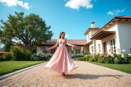 full body close up shot ,country side modern villa wide yard in front of villa ,a beautiful lady in nice long dress dancing in front of camera,flowers blue sky ,petty flophy clouds