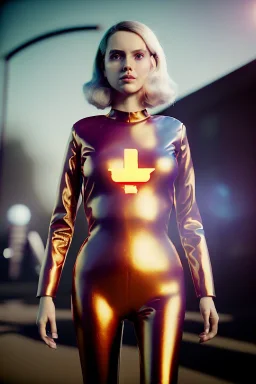 retro sci-fi portrait image from 1980, supermarket explosions, fire, people running, sweet young blonde woman walking, tight latex suit, soft color, highly detailed, unreal engine 5, ray tracing, RTX, lumen lighting, ultra detail, volumetric lighting, 3d, finely drawn, high definition, high resolution.