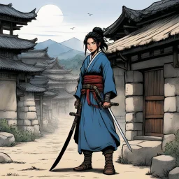 [art by Kevin Eastman and Peter Laird] this Nomadic Japanese woman stands at the border of the medieval town with her katana in Jodan no Kamae upper guard