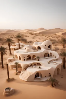 In the desert, a café in the shape of a house made of organic simplicity, Al-Ahsa, Saudi Arabia, pieces inspired by Al-Ahsa plaster carvings, palm trees, captivating landscapes In the desert