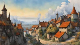 ink oil painting of a medieval fantasy village landscape , smoke rising from chimneys and the village bustles with life, in the impressionist style of Childe Hassam, mixed with art nouveau, and abstract impressionism, and the comic art style of Jean-Giraud Moebius, precise and sharply defined brickwork and stone edges, in subdued natural colors