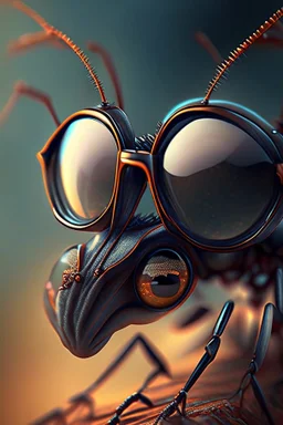 the silent ant head stylized with glasses, bizarre,surreal,