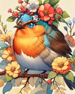 This enchanting, extremely detailed watercolor features a 3/4 closeup portrait of a vibrant Robin, adorned with flowers and a foliage crown, setting on a branch against a heavily textured beige background. nature and whimsy in a botanical style. The piece boasts warm orange and cool blue hues. .