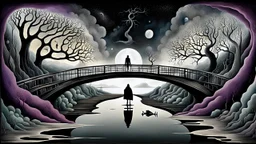 painted inner world with neurodivergens mind and soul, floating doors over surreal cracked weird landscape . one thin bridge over big black river, . deep dark colors, with silver and black. Whimsical strange style of Chagall, of Quentin Blake, andYoshitaka Amano of Anton Semenov. one dark purple-gray human shiluette in hood sitting on bridge and gazes weird absurd beauty nightmare, black shadows, in background cyber neuronic network, surreal vibe, nightmare