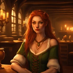 portrait of an auburn Tabaxi female bard in D&D style, long auburn hair cascading over shoulders, green eyes gazing seductively, feline facial features, stance conveying allure, intricate costume design, fantasy tavern background, patrons and wood-beamed ceilings slightly out of focus, candlelight casting a warm glow, ultra realistic, highly detailed, dramatic lighting