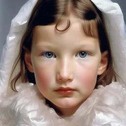 Bella hadid as a toddler, rosy cheeks, freckles, , dressed with plastic bags