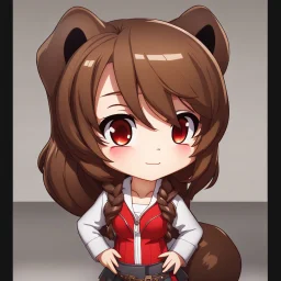 a close-up headshot of a chibi woman with long brown hair, red eyes, brown ferret ears, a mischievous expression, American clothes, intricately detailed, masterpiece, anime chibi doll