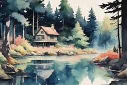 retro anime style, full color, dark serious 1980s anime style, A lake in the forest near a cottage, watercolor, forest,