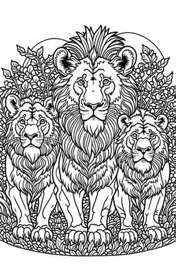 A black-and-white outlined drawing of ferricious lions for kid's colouring books