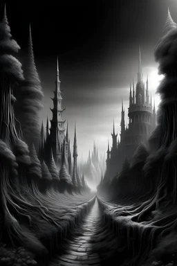 dark fantasy, spiky growth, forest road to gothic city, black and white