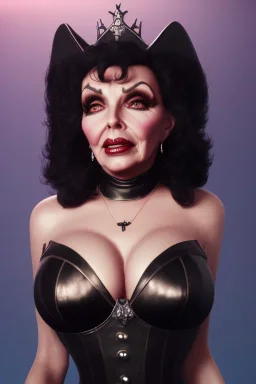 Joan Collins as evil queen in black leather, leather, busty, cleavage, angry, stern look. character design by cory loftis, fenghua zhong, ryohei hase, ismail inceoglu and ruan jia. unreal engine 5, artistic lighting, highly detailed, photorealistic, fantasy