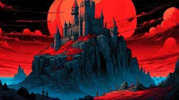 Render in vibrant comic style: a towering castle perched atop windswept cliffs, its jagged stone figure bathed in the cinematic crimson glow of a giant, imposing red harvest moon. Stars prickle the indigo sky, flickering witnesses as sinister shadows creep and coil through cobbled corridors and open arches. Integrating ominous undertones and dramatic contrasts, embody the castle's majestic allure and haunting mystery.