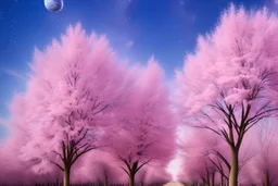 arbres roses et petites fleurs roses et avec petits points de lumiere dans un ciel de muit étoilée avec la voie lactée , HD, 8k