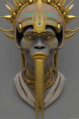 Aztec male African Egyptian alien, cracks in the voodoo head, wicked, eyes, crown, Elephant, 8k, finely detailed, photo realistic, tiger turquoise skull head gold dragon space alien snow skeleton gold gorilla silver crown silver eyes