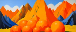 An orange color mountain with spike balls painted by Piet Mondrian