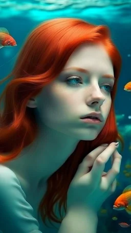 beautiful girl with red hair dreaming of a love world under the sea