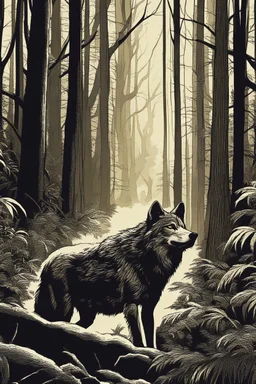 Wolf lurking through a forest. dynamic light, illustration