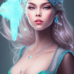 Air witch, majestic beauty, Asian women, silver colored eyes, aqua hair in a long ponytail, wearing an aqua witch hat, wearing an aqua crystal necklace