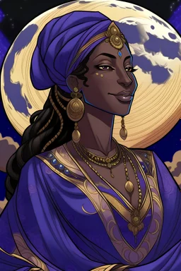 an anime drawing of an 40 year old black woman. she had dark hair in braids and a royal headdress. she is wearing a purple moon-themed african gown