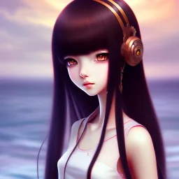 Japanese girl with big brown eyes and long black hair with bangs, cute, beautiful, kawaii, anime, cartoon