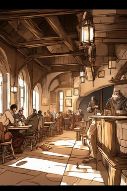 Lots of People sitting around tables in a medieval tavern with a stone floor, add people to the chairs