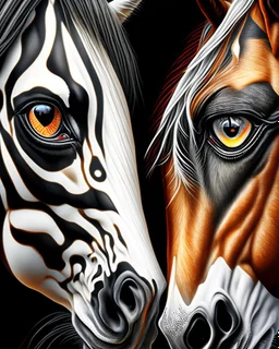 Horse vision symmetrical eyes symmetrical ear symmetrical frontal view full body ink art colours orange cream white and black hyper-detailed realistic 8k