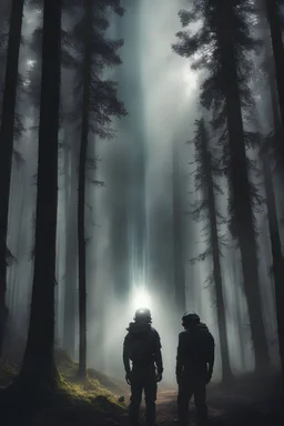 a halo like black gas flows in the atmosphere of the forest and the 3 men are talking