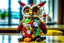 Owl nurse in nurse costume made of tyffany glass and gemstones spreading pills, she is wearing necklaces made of medicines in a hospital room in sunshine