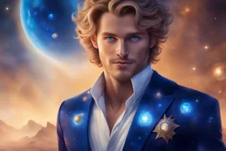 a very beautiful man with a galactic and cosmic appearance with a bue suit , a perfect, gentle, caring face, blue eyes, dressed in a blue jumpsuit and there are also precious stones on this costume, her hair is light brown, he smiles very slightly. Very realistic painting. Magnificent, furtive, cosmic, magical atmosphere.