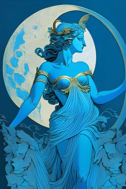 Diana goddess with moon style erte colors blues