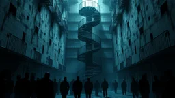 Many Stairs between walls and buildings in empty prison, a big vertical spiral massive staircasel, the end of which cannot be seen, underneath many black human silhouette, dark blue and gray colors, cold, grim vibe, high detailed, surreal, dark vibe, cinematic