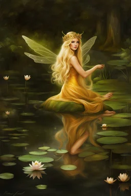 Fairy Princess, long blonde hair,long golden hair, Fairy crown ,fairy, fairy wings, sparkle,waterlilies,flawless feet,