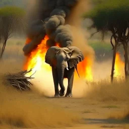 elephant running away from bush fire