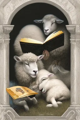 one black sheep reads a book on other site white sheep herd sleep going down