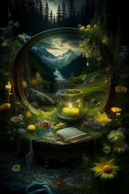 Hyperrealism against the background of a spring landscape in the forest +mirror with a tsunami whirlpool +mountains +ritual +candles+dried flowers+wildflowers+moss++decoupage of flowers+embroidery technique+braided beads+vine+moonlit night,fabulous landscape,surrealism,realism,naturalism,dot technique,microdetalization,high detail objects,digital illustration,volumetric clarity,dark fantasy,dark botanical, professional photo