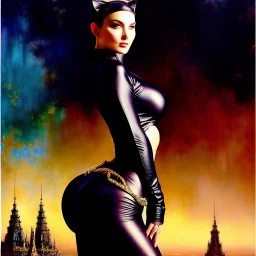 Drawing of beautiful face,'beautiful booty,Busty CAtWoman',intense stare, ancient skintight armor, balanciaga fashion clothe painting by gaston bussiere, greg rutkowski, yoji shinkawa, yoshitaka amano, tsutomu nihei, donato giancola, tim hildebrandt, Oil on canvas, cinematic composition, extreme detail,fit full head inside picture,16k