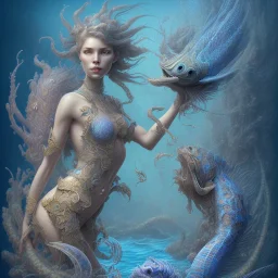 sango fantasy, fantasy magic, intricate, sharp focus, illustration, highly detailed, digital painting, concept art, matte, artgerm and paul lewin and kehinde wiley, masterpiece sexy lips Hawaiian afro lips African lady body mermaid lionfish head blue space lady beach sea under water mermaid seaweed