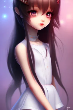 Loli, hands behind back, wholesome, innocent, long black hair, tilted head, brown