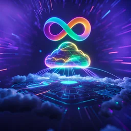 Colourful 3D glowing infinity symbol ∞, hovering above a colourful glowing cloud, network and lights coming from the cloud onto a futuristic map of the globe, inspiring, neon, glowing, friendly, beautiful, octane render, 8k post-production, artstation: award-winning: atmospheric: commanding: fantastical: clarity: 16k: ultra quality: striking: brilliance: liquid medium: stunning colors: amazing depth; lens: f/8, 28mm