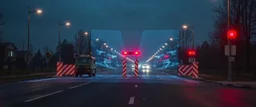 a realistic holographic Russian military checkpoint projected by the street lights